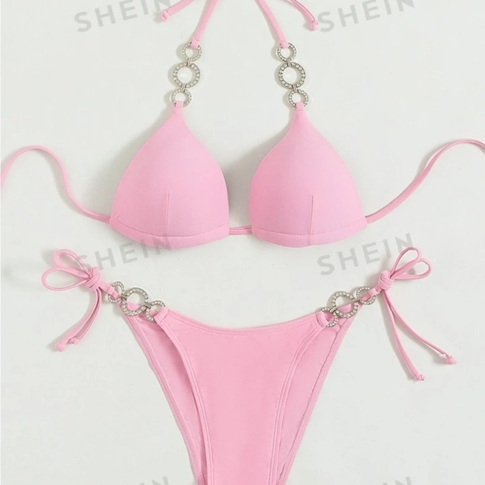 Baby pink embellished bikini